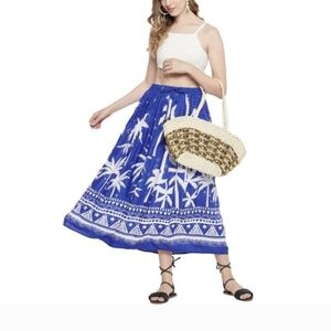 Gypsy Blu Palm Tree Print Blue White Drawstring Midi Maxi Skirt Women Size Large